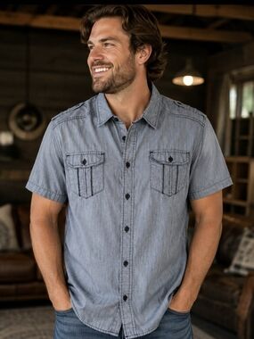 Helix Light Blue Short Sleeve Casual Button-Down Shirt